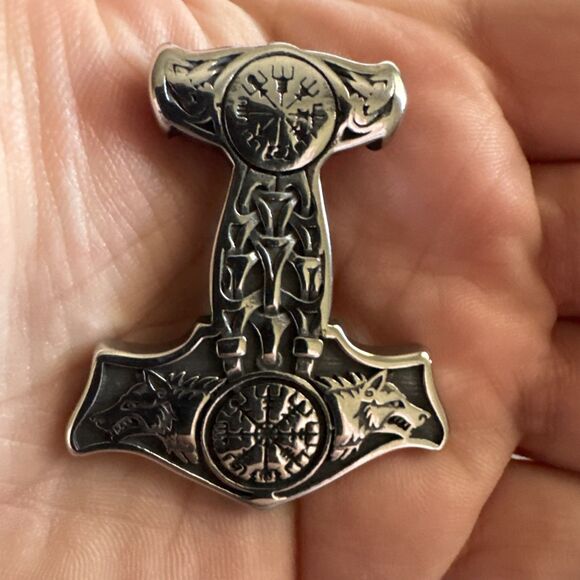 Viking Rune Wolf Hammer Necklace Stainless Steel Necklace Chain Pendant Vintage - Picture 4 of 6